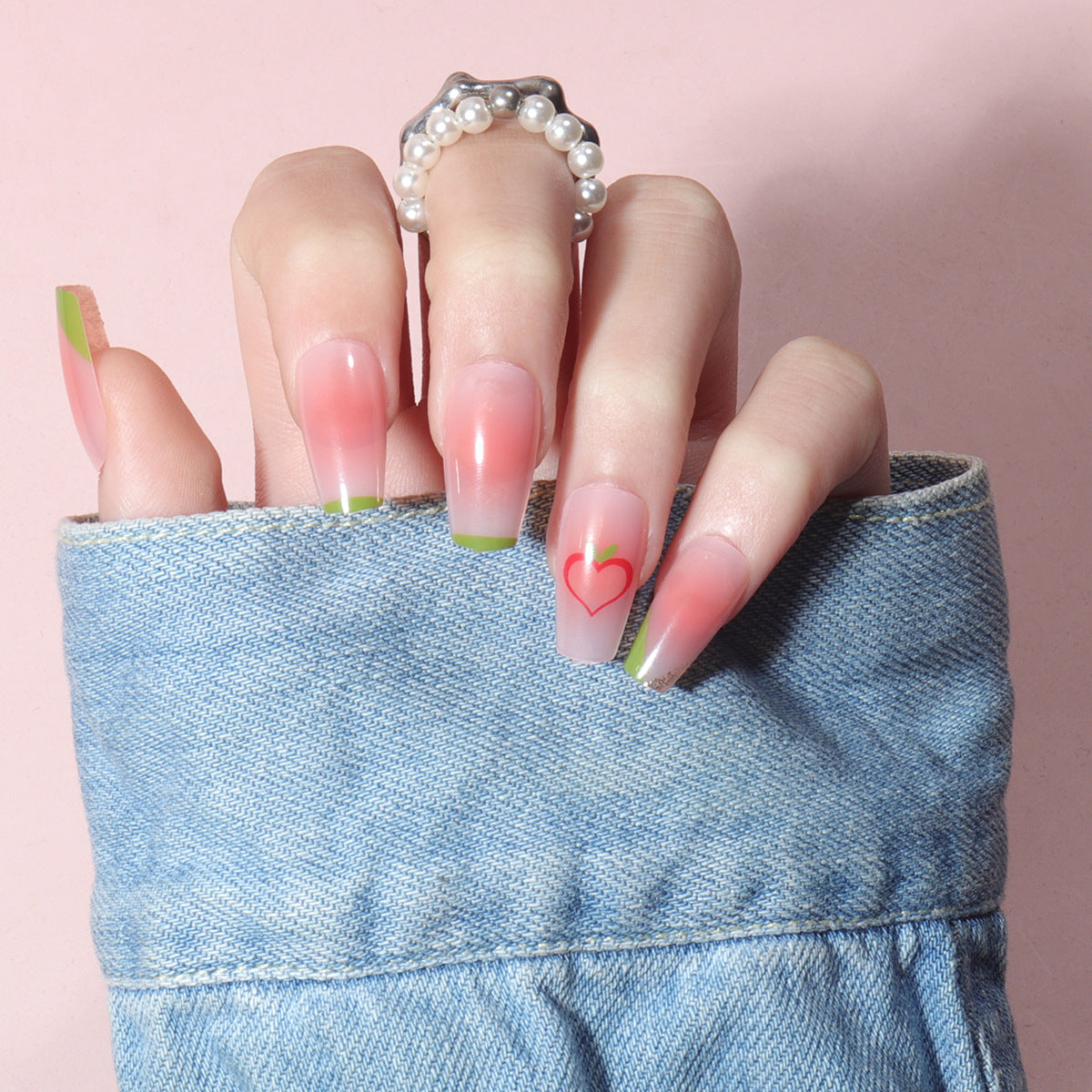 Sweet Romance Long Coffin Pink Ombre Press On Nail Set with Green Accents and Love Heart Feature