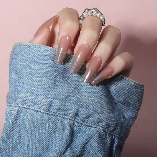 Elegant Evening Long Coffin Shape Beige with Glitter Accent Press On Nail Set