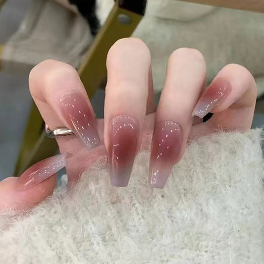 Enchanted Elegance Extra Long Coffin Shaped Pink Ombre Press On Nails with Shimmering Rhinestone Accents