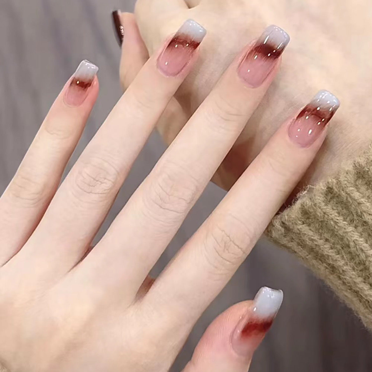 Autumn Ombre Medium Square Brown to Transparent Gradient Press On Nails with Glitter Accent