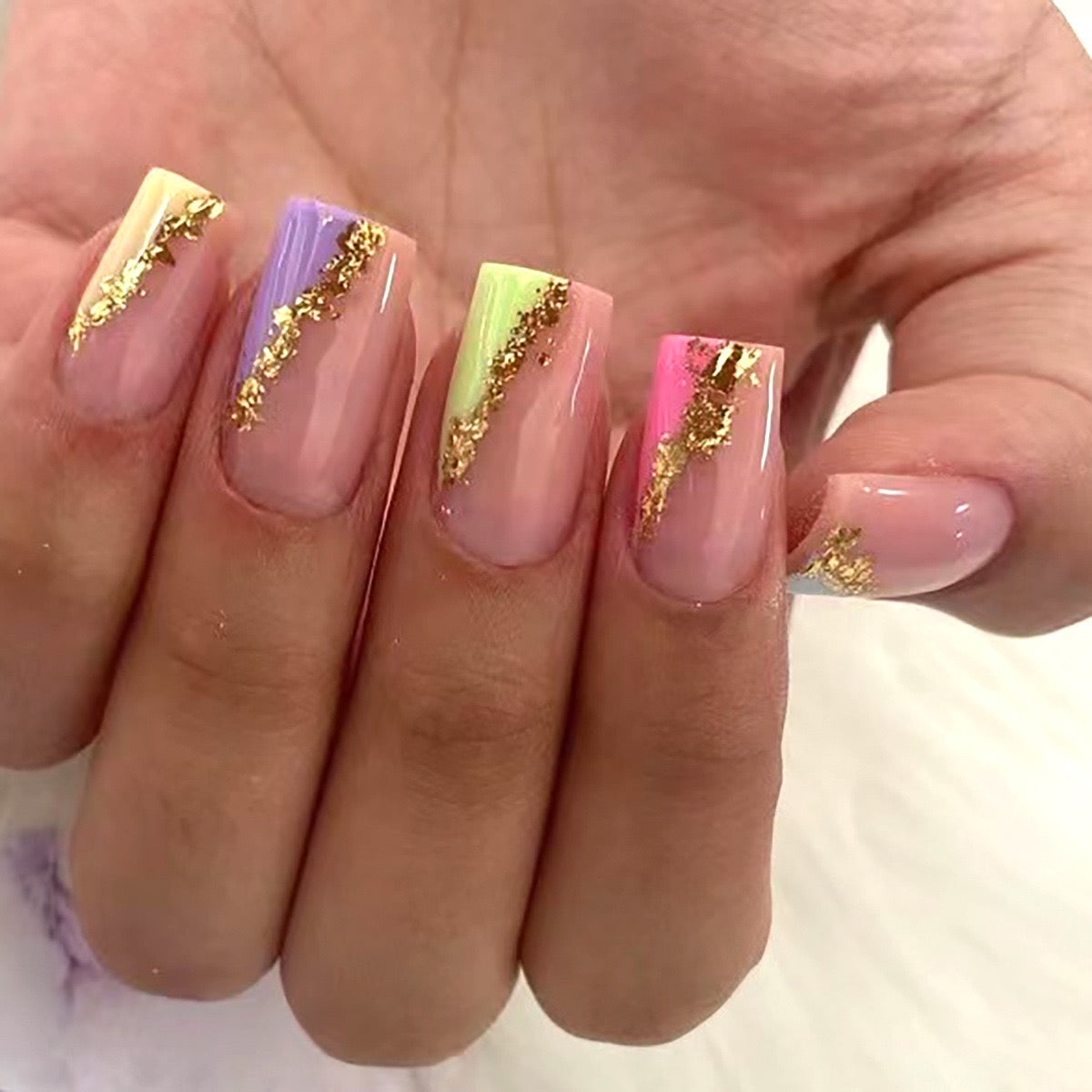 Spring Fling Medium Square Multicolor Gradient Press On Nails with Gold Foil Highlights