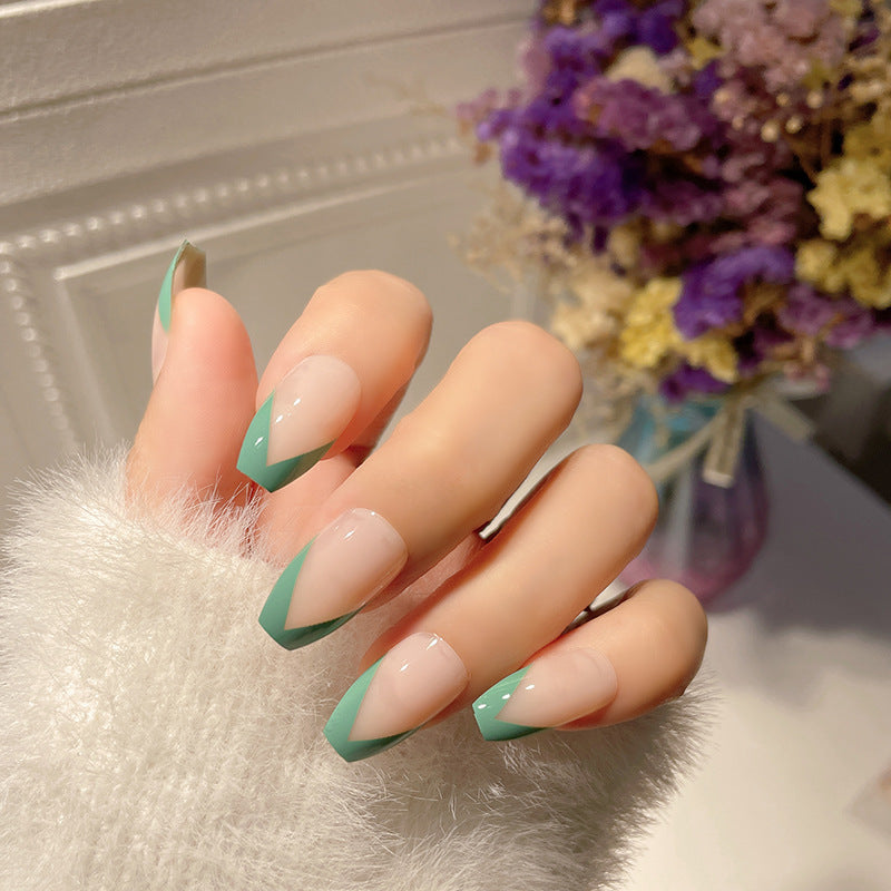 Elegant French Tip Medium Coffin Neutral Beige and Teal Accent Press On Nails with V-Shaped Detail