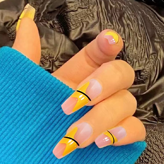 Summer Citrus Medium Coffin Yellow and Lavender Press On Nails with Geometric Accents