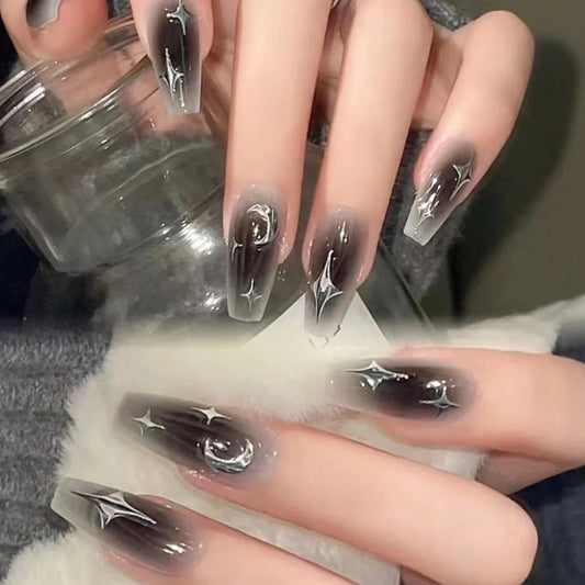 Starry Night Long Coffin Glossy Grey Press On Nail Set with Silver Star Accents