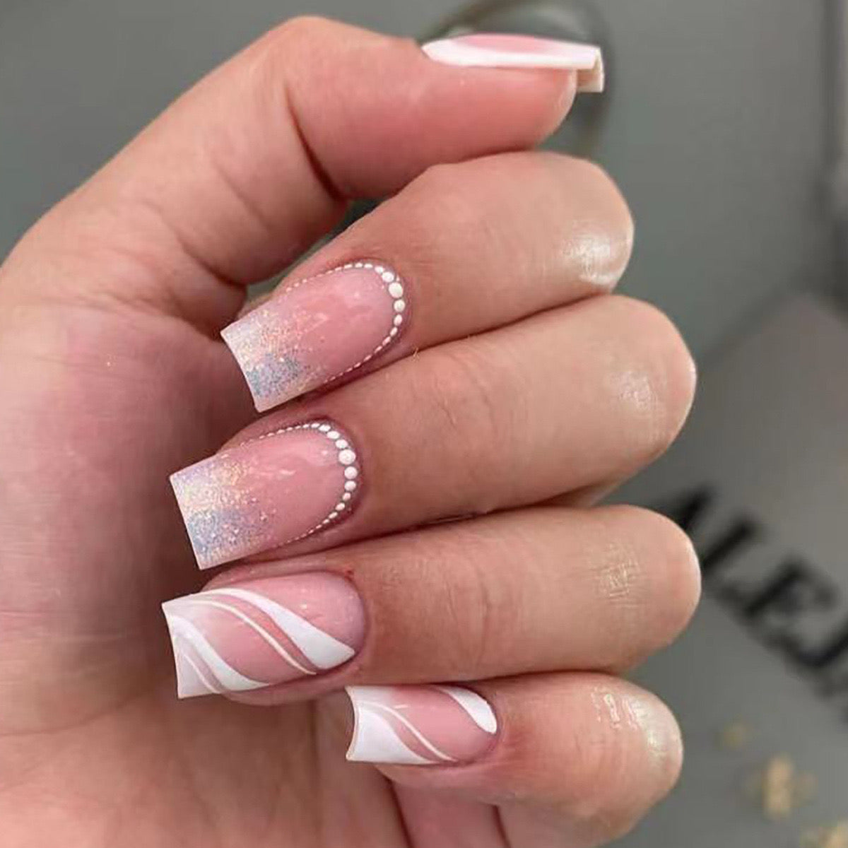 Soft Blush Medium Square Press-On Nails with Glitter Accent and Swirl Design