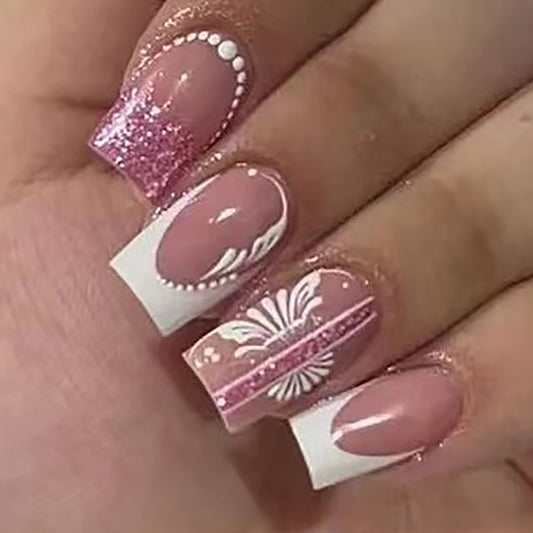 Sweetheart Medium Square Blush Pink Press-On Nails with White Accents and Glitter Detail