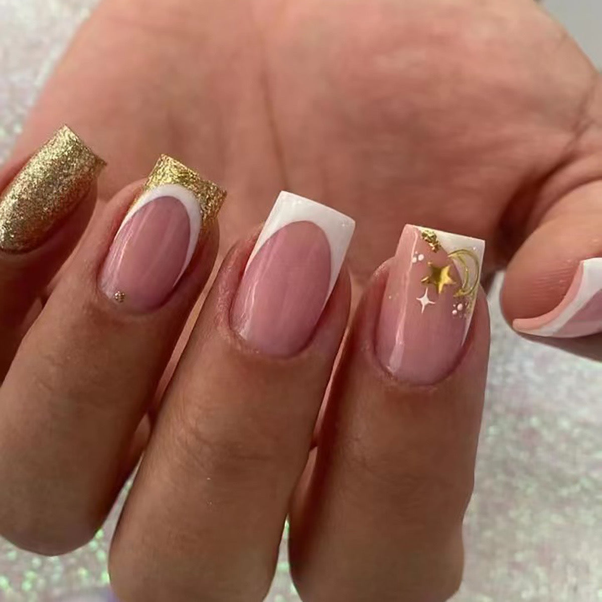Stellar Shine Medium Square French Tip Press-On Nails with Milky Pink Base and Gold Glitter Accents