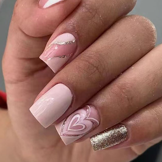 Romantic Rose Short Square Press-On Nails with Glitter Accent and Heart Design