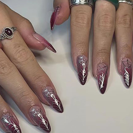 Gothic Glamour Long Stiletto Maroon Press-On Nails with Spiderweb Art and Silver Accents