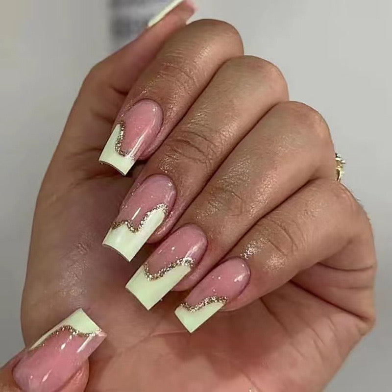 Chic Glam Medium Square Pink Base with Gilded Gold Accents Press-On Nail Set