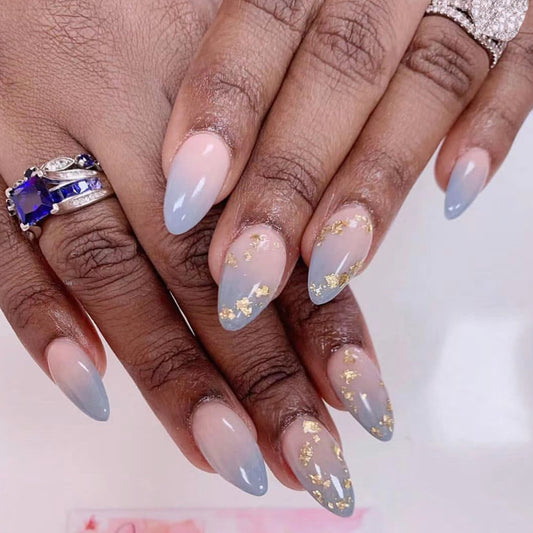 Lavish Short Almond Ombr‚âàŒ© Nail Set with Gold Flakes - A Touch of Luxury Press-On Collection