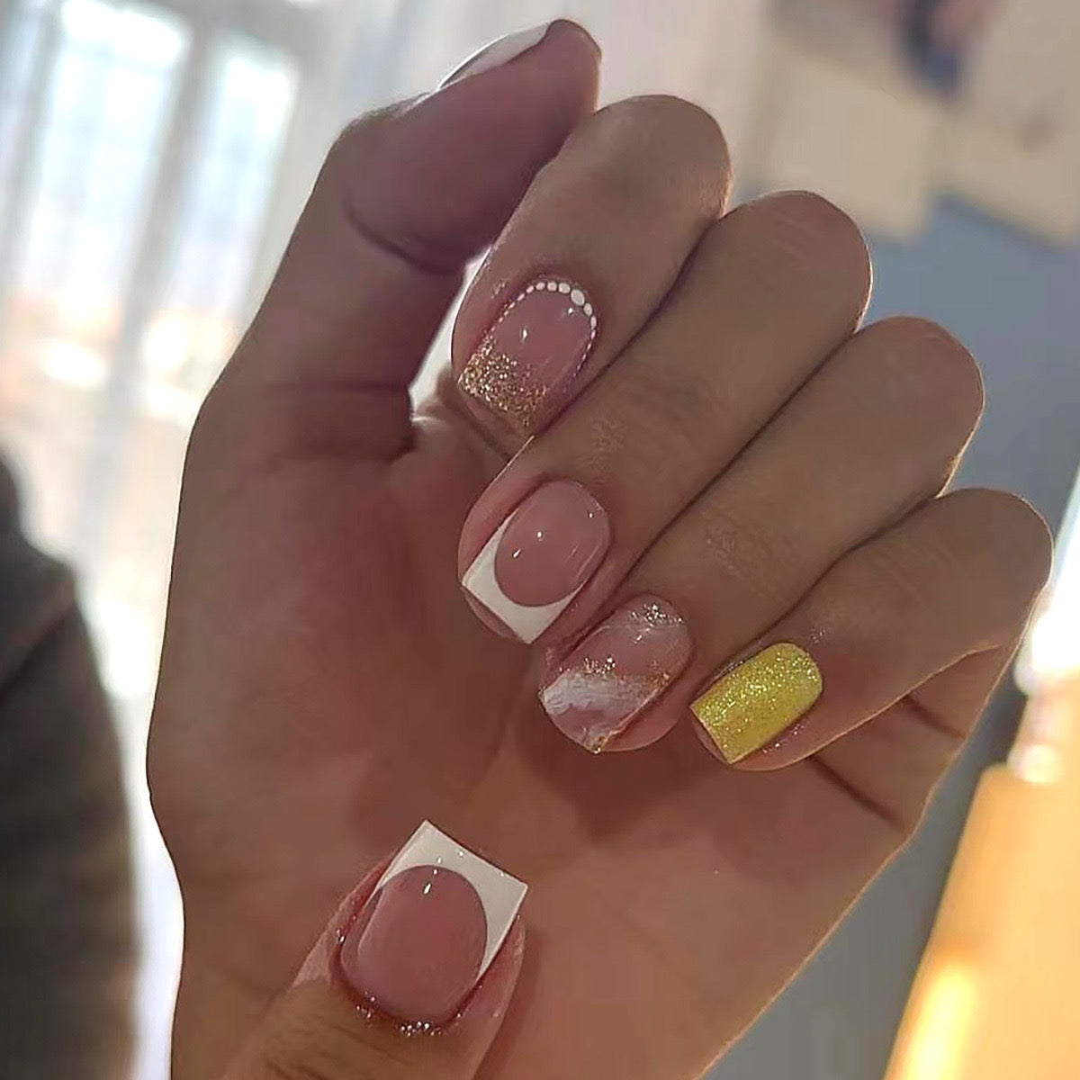 Sunshine Elegance Short Square Pink and White Press-On Nails with Glitter Accent and Dotting Detail