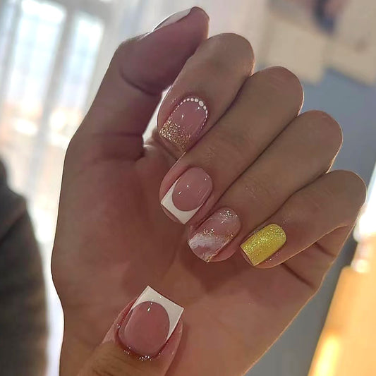 Sunshine Elegance Short Square Pink and White Press-On Nails with Glitter Accent and Dotting Detail