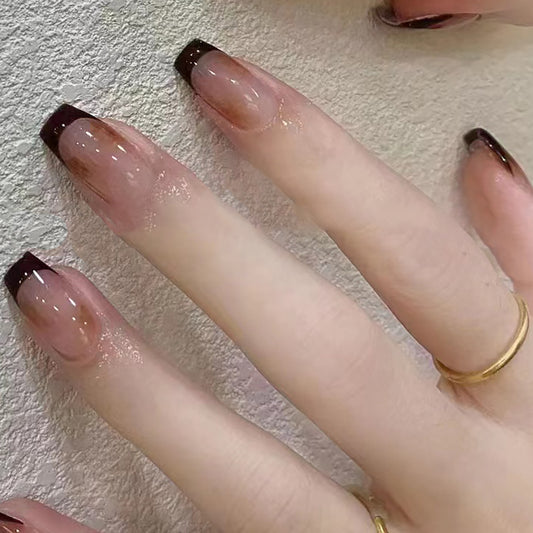 Chic Medium Coffin Gradient Beige to Espresso Press-On Nails with Glitter Overlay