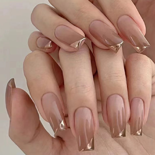 Elegant Long Square Beige Press-On Nails with Metallic Gold Triangle Tip Accents