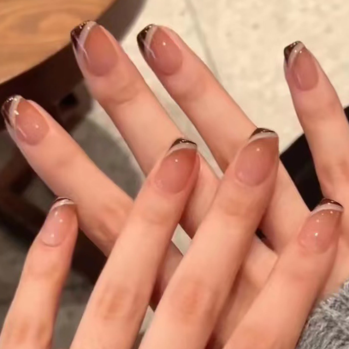 Elegant Chic Short Square Beige Press-On Nails with Metallic French Tip Detail