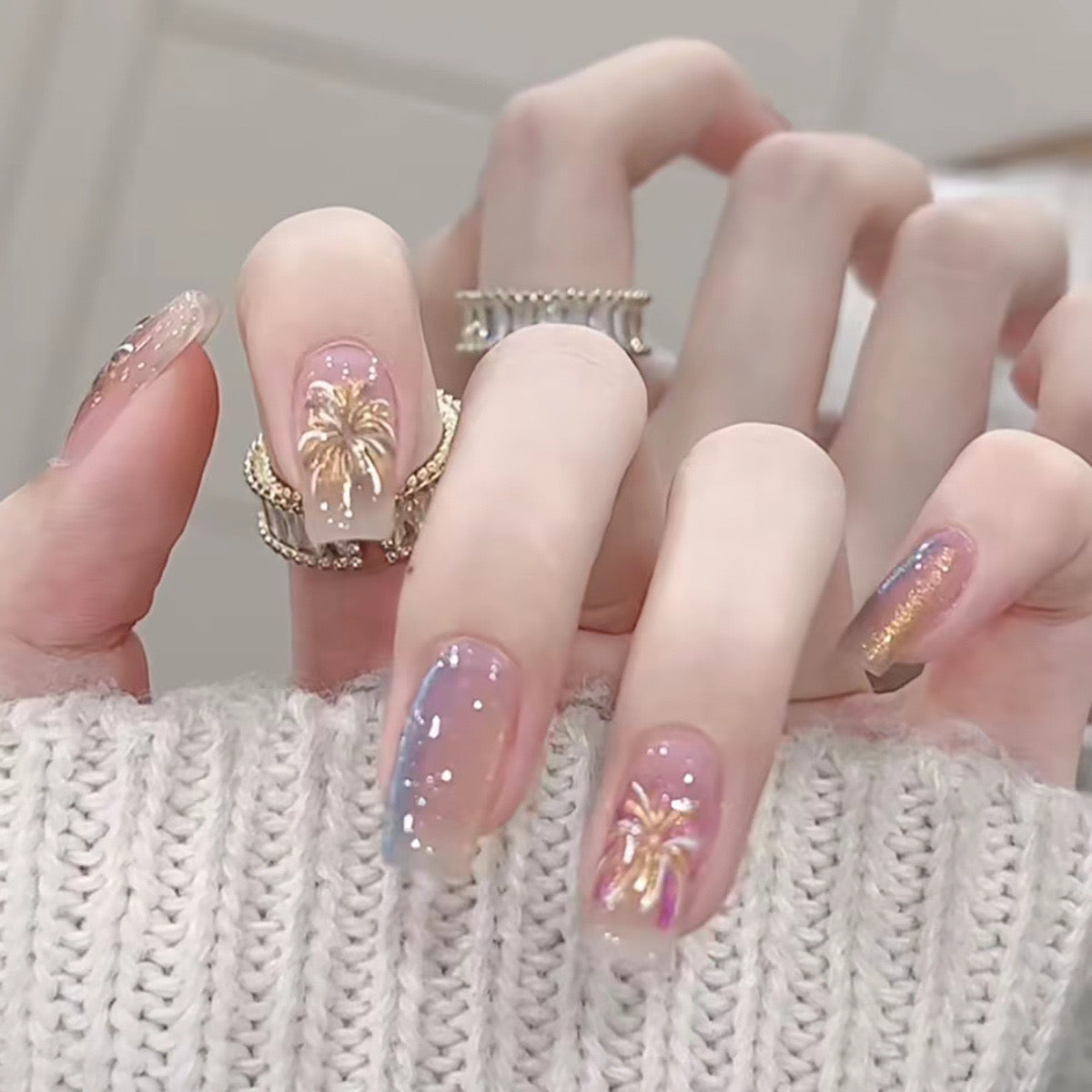 Tropical Oasis Medium Square Press-On Nails in Sheer Pink with Golden Palm Tree Accents and Glitter Highlights