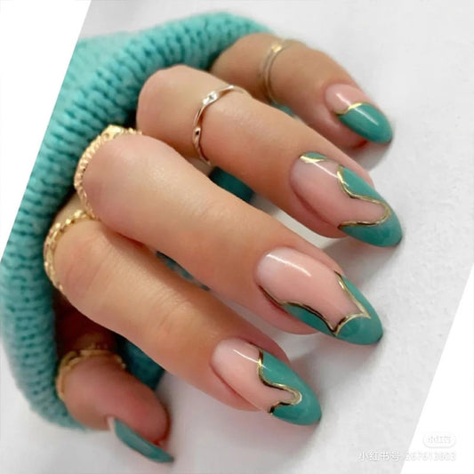 Jade Palace Medium Oval Green Marble Press On Nails