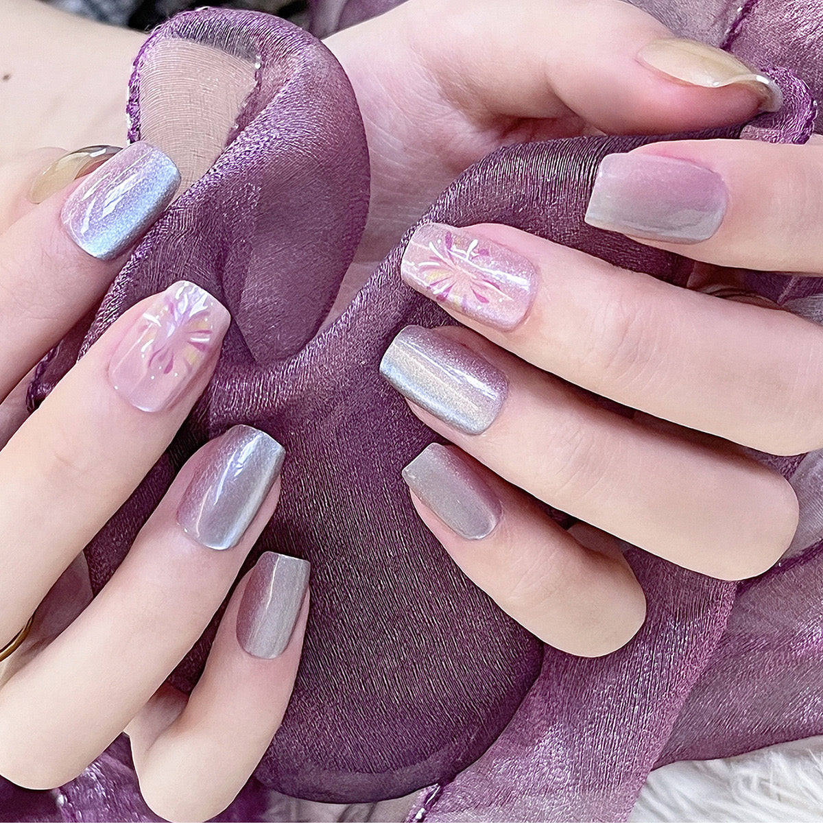 Mystical Medium Square Lilac Nail Set with Iridescent Artwork - Enchanted Evening Press-On Manicure