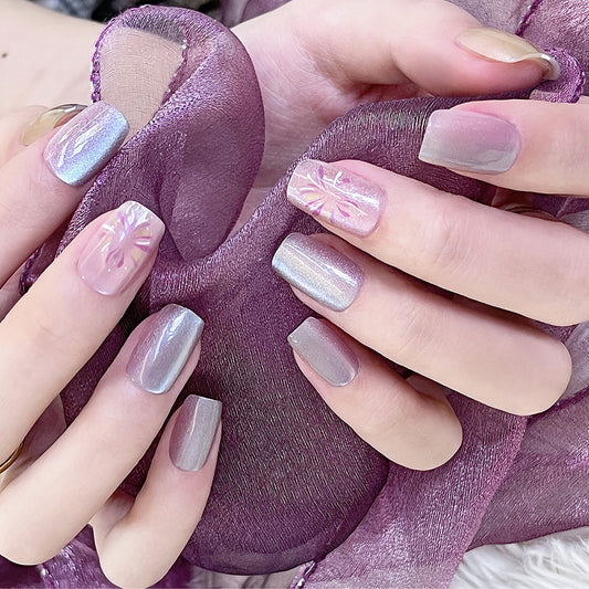 Mystical Medium Square Lilac Nail Set with Iridescent Artwork - Enchanted Evening Press-On Manicure