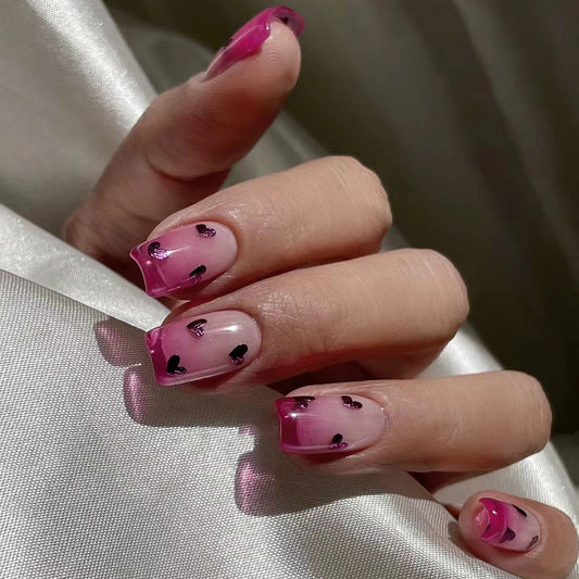 Whimsical Short Square Magenta Nail Set with Black Heart Accents - Dreamy Date Night Press-On Manicure