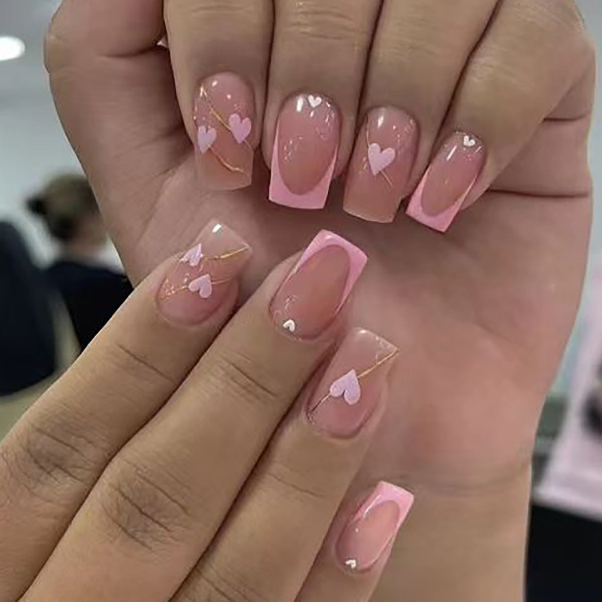 Valentine's Day Romance Short Square Pink Press On Nails with Heart Accents and Gold Stripes