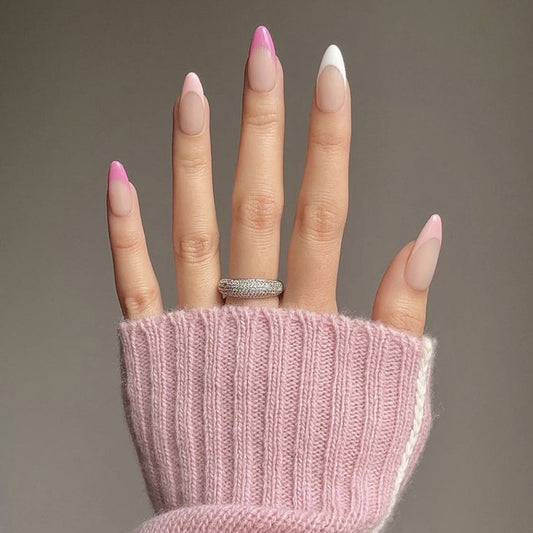Chic Ombre Elegance Medium Almond Pink & White Gradient Press On Nail Set with Glossy Finish