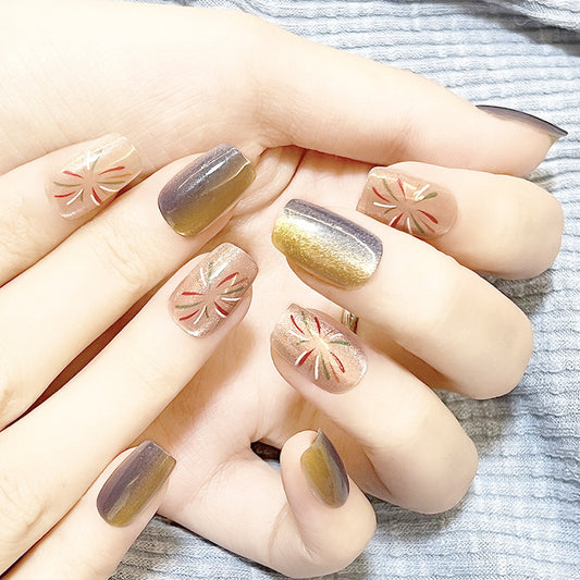 Autumn Elegance Medium Squoval Duo-Tone Press-On Nails with Metallic Accents and Starburst Design