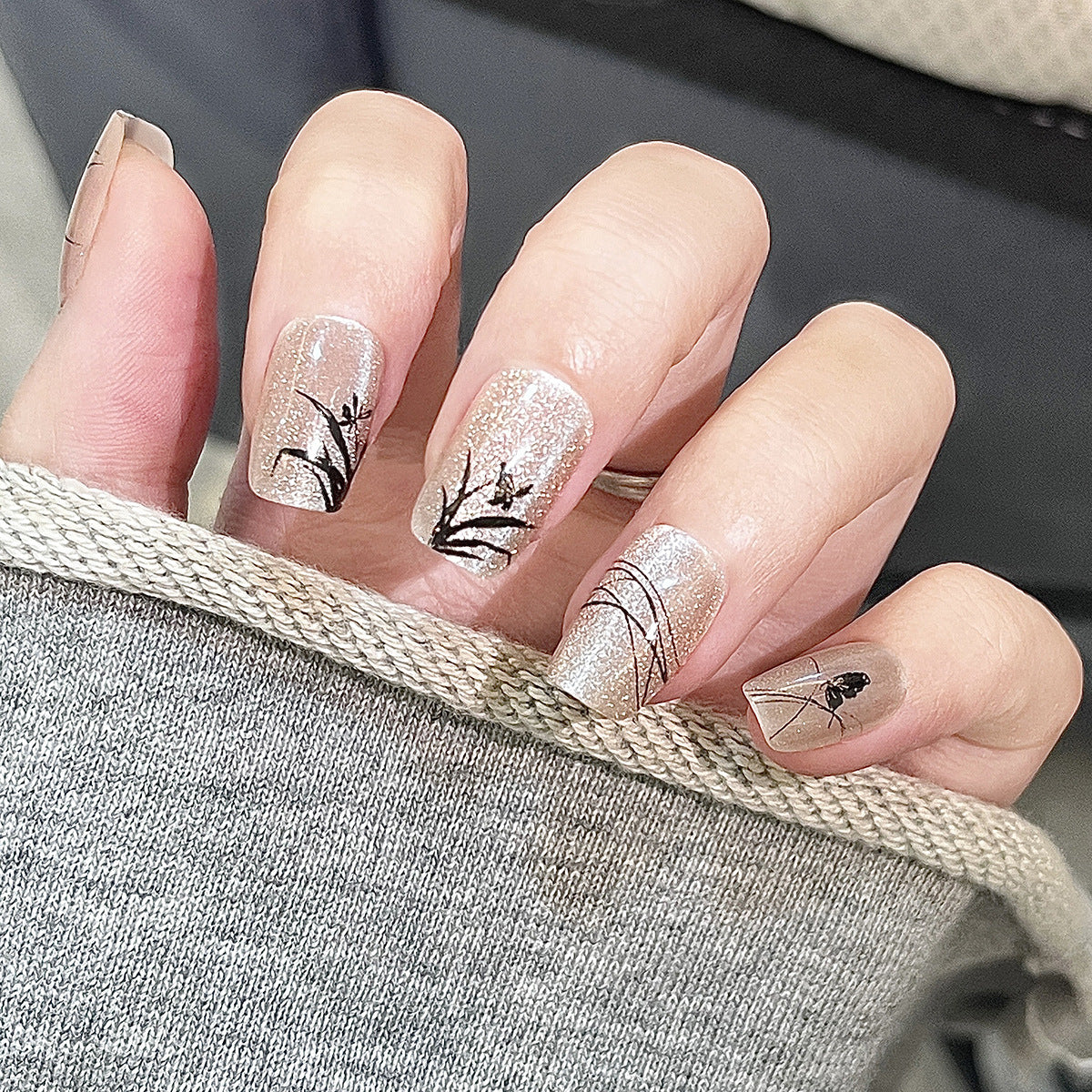 Winter Whispers Medium Square Glitter Beige Press-On Nails with Elegant Branch Art