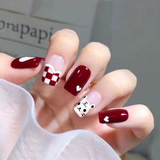 Valentine's Day Romance Medium Square Burgundy Press On Nails Set with Accent Gift and Heart Design