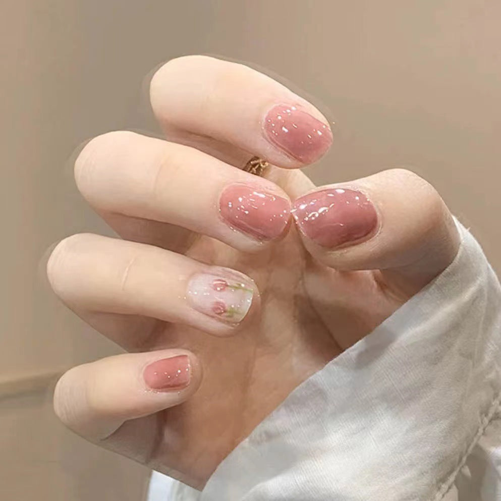 Springtime Blossom Short Squoval Pink Glitter Press-On Nails with Floral Accent