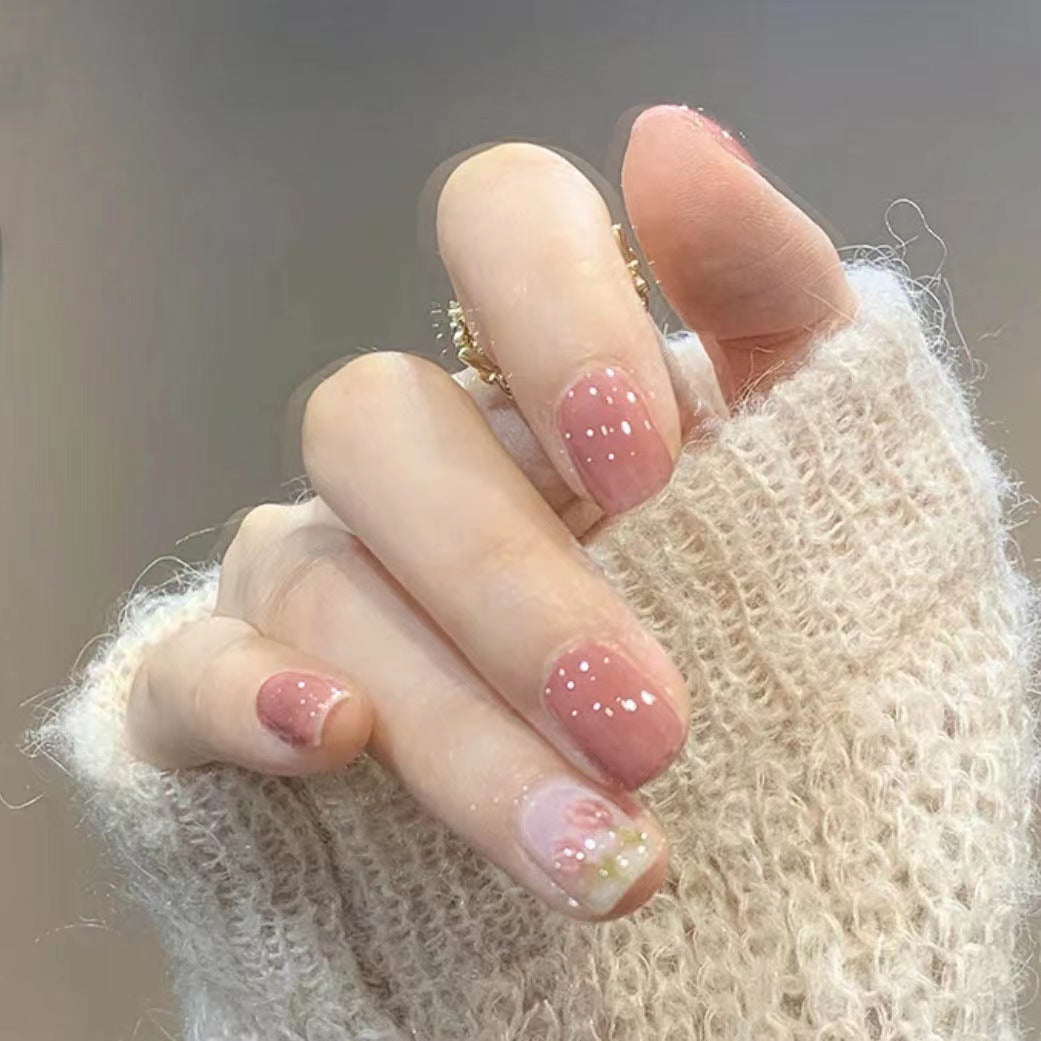 Enchanted Garden Short Length Squoval Pink Press On Nail Set with Floral Accents and Glitter Highlights