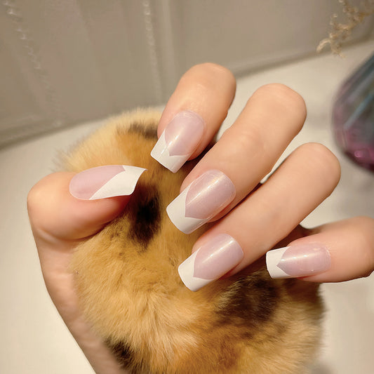 Elegant Bridal Medium Square French Tip Press On Nail Set with Pink Glitter Ombre Design