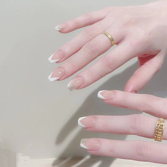 Chic Elegance Medium Square Natural Pink Press-On Nails with White Tips and Gold Glitter Accent