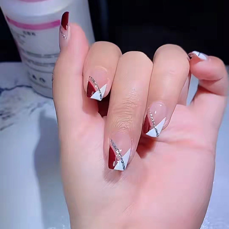 Elegant Evening Square Shaped Medium Press-On Nail Set in Burgundy Sparkle with Geometric Accent Design