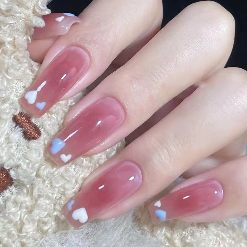 Romantic Charm Long Coffin Gradient Pink Press-On Nails with Adorable Heart Accents