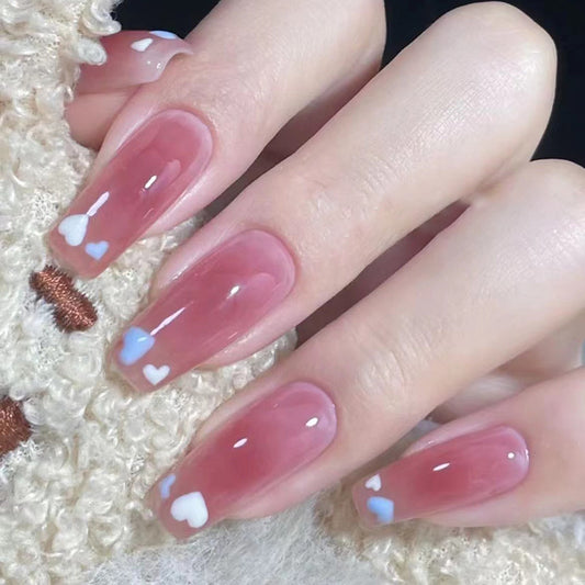 Romantic Charm Long Coffin Gradient Pink Press-On Nails with Adorable Heart Accents