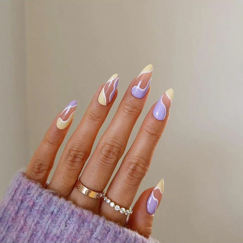 Lavender Dreams Long Almond Pastel Swirl Press On Nail Set with Dual-Tone Design
