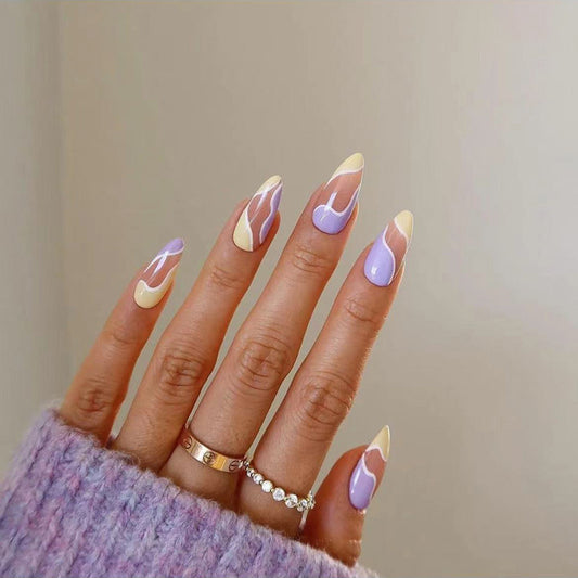 Lavender Dreams Long Almond Pastel Swirl Press On Nail Set with Dual-Tone Design