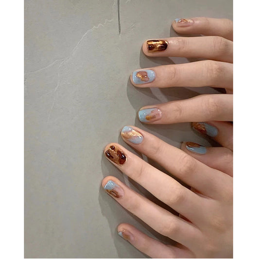 Enchanted Autumn Medium Length Square Press On Nail Set in Earthy Tones with Metallic Accents and Glitter Detail
