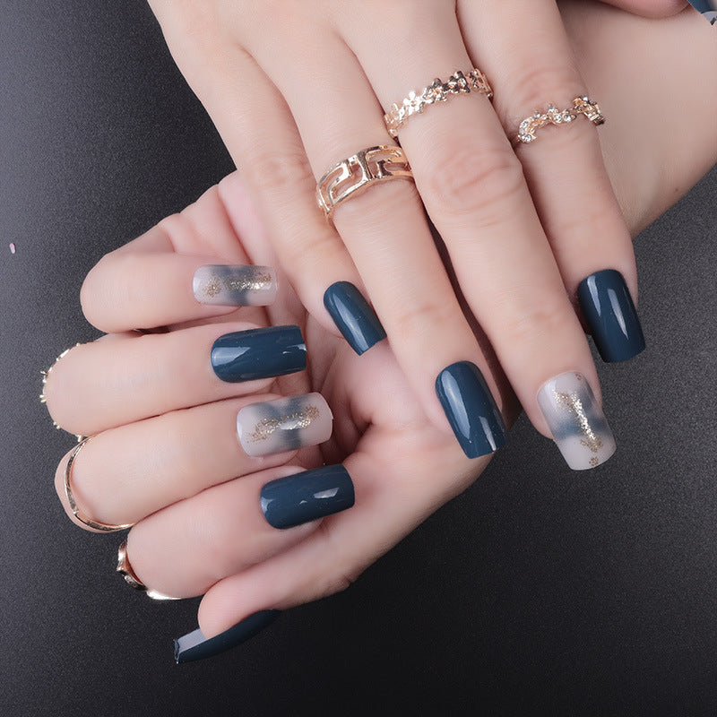 Midnight Elegance Medium Square Navy Blue Press On Nail Set with Glitter Accent Nails