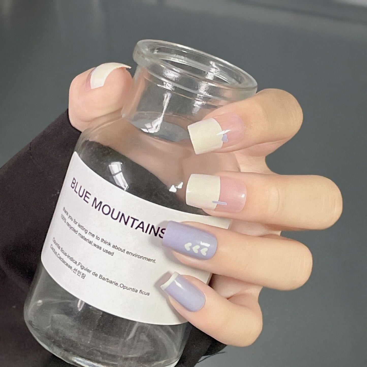 Lavender Dreams Collection Medium-Length Square Press On Nail Set in Pastel Purple and Pink with Minimalist Mountain Design