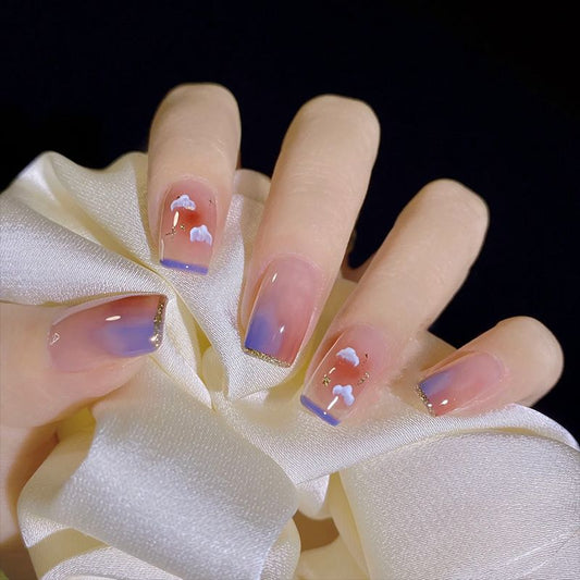 Enchanted Sky Gradient Medium-Length Square-Shaped Blue to Purple Ombre Press On Nail Set with Cloud Accents