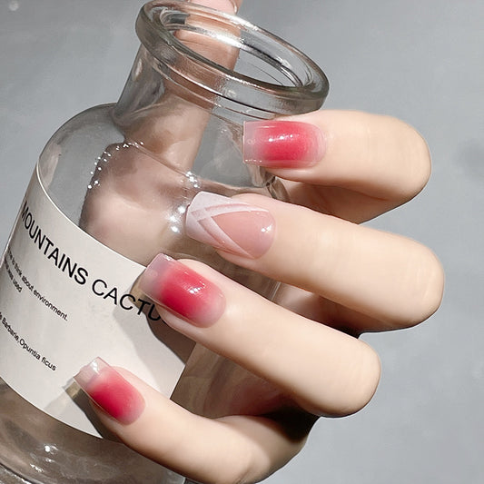 Summer Sunset Ombre Medium Length Square Tip Pink Press On Nail Set with Geometric Accents