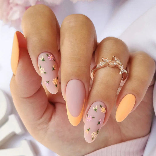 Spring Blossom Collection Long Almond Peach Pink Floral Press On Nail Set
