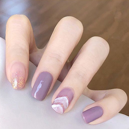 Enchanted Evening Medium Square Mauve Press On Nails with Glitter Accent and Geometric Art Design
