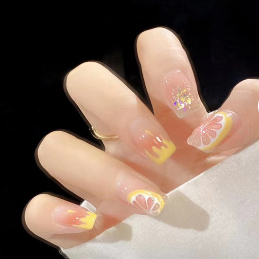Summer Citrus Medium Square Beige Press On Nail Set with Lemon Slice Accents and Glitter Highlights