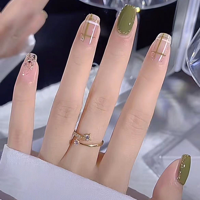 Elegant Affair Medium Coffin Pink and Olive Rhinestone Accent Press On Nail Set