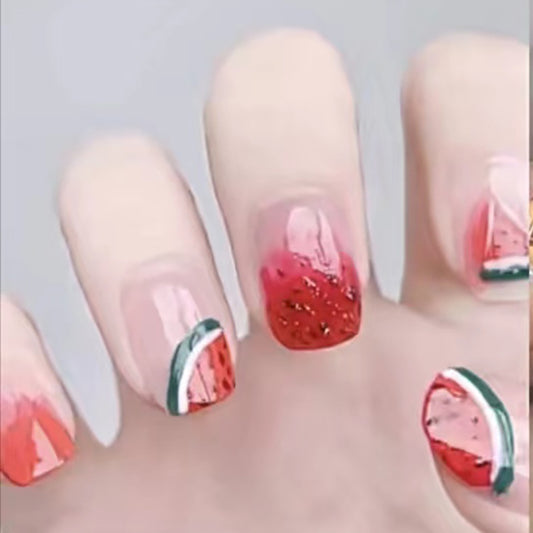 Summer Watermelon Fete Medium Square Pink Press On Nail Set with Glitter Accents and Fruit Design