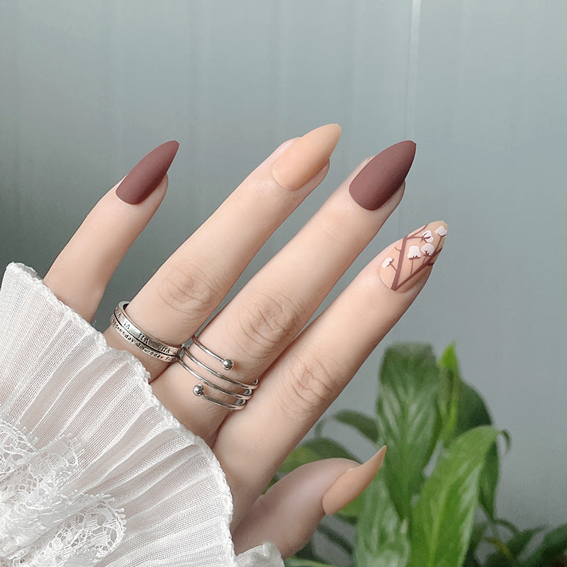 Elegant Floral Charm Short Almond Matte Beige & Maroon Press On Nail Set with Accent Art Design